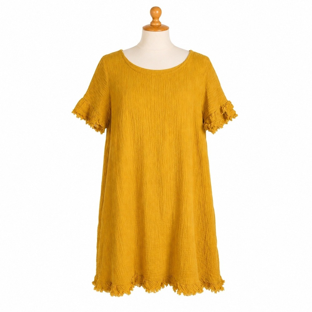 Cristina Vergoni Women S Yellow Cotton Gauze Shift Dress Ruffle Trim Italy